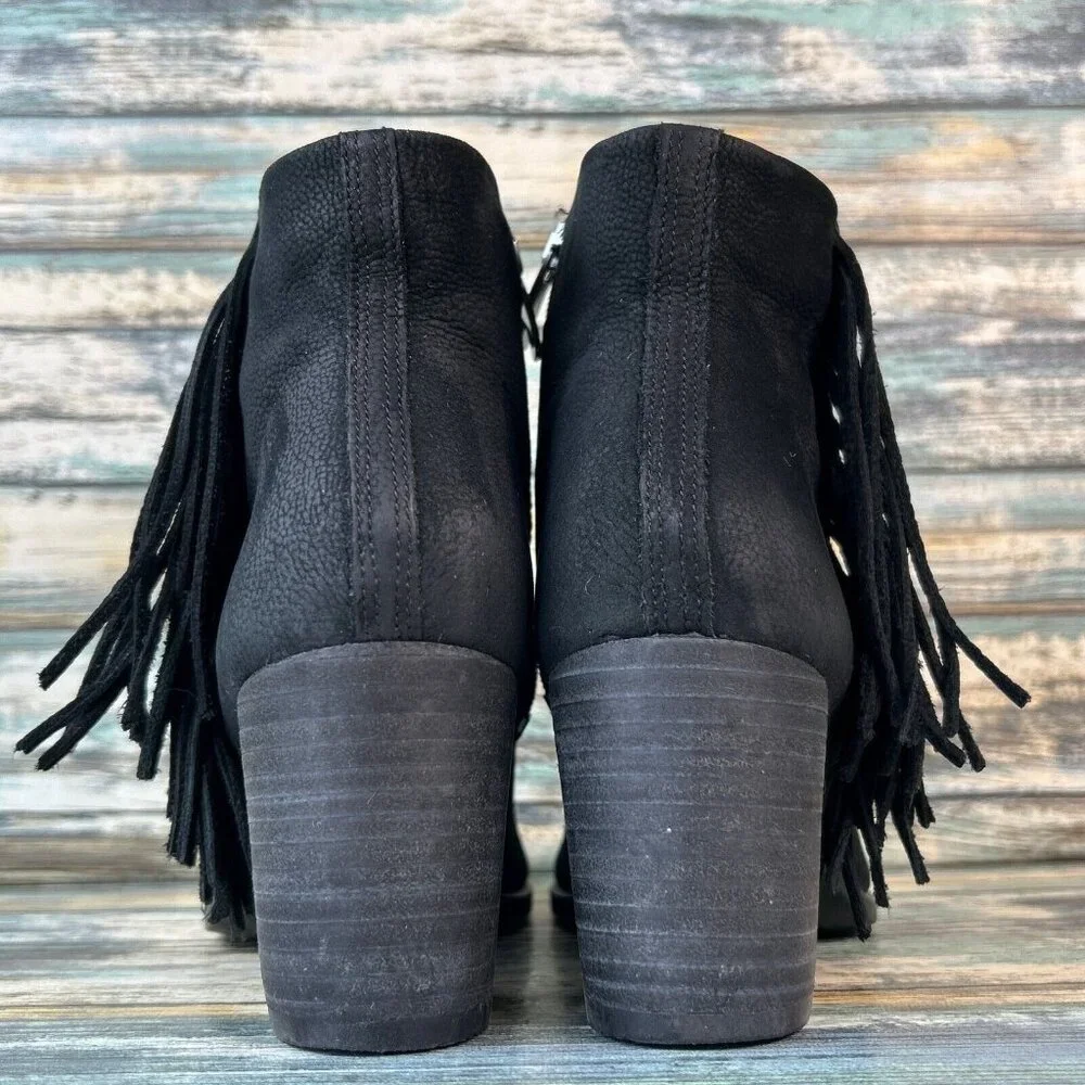 Ecco Shape 55 Fringe Ankle Boot Womens 5-5.5/36 Black Leather Western Dress Zip